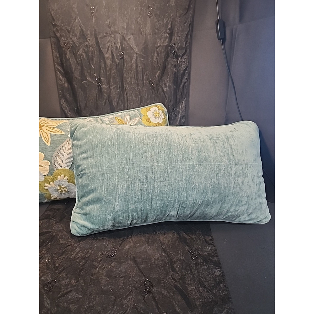 Aqua Velour Throw Pillows Set of 2 Embroidered 24x14 - Picture 4 of 6
